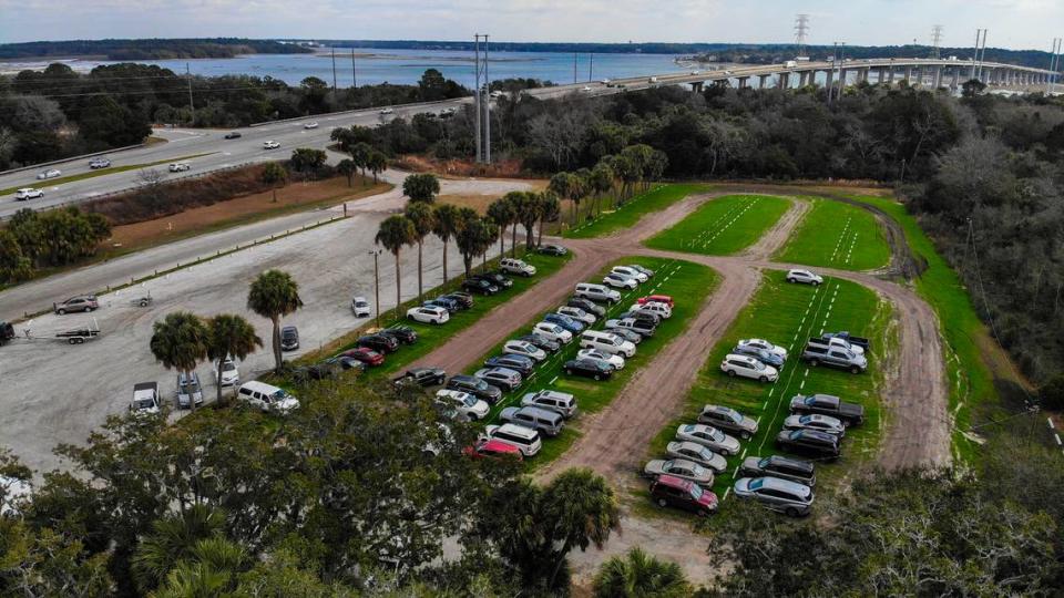 A drone photo shows the temporary 170 parking spaces at the C.C. Haigh Jr. Boat Landing site for riders of the Daufuskie Island ferry as photographed on Jan. 31, 2024, on Pinckney Island.