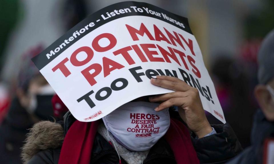 Nurses during a strike over safe staffing issues at Montefiore hospital in New Rochelle, New York