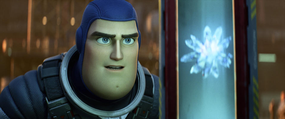 This image released by Disney/Pixar shows character Buzz Lightyear, voiced by Chris Evans, in a scene from the animated film "Lightyear," releasing June 17. (Disney/Pixar via AP)