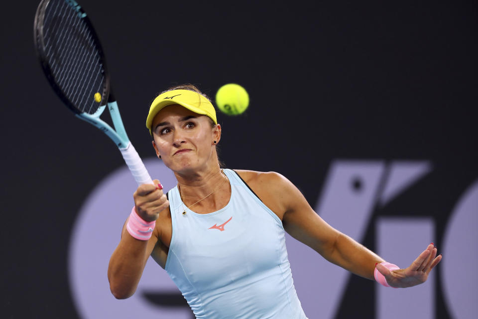 Arina Rodionova of Australia plays a shot in her match against Sofia Kenin of the U.S. during the Brisbane International tennis tournament in Brisbane, Australia, Tuesday, Jan. 2, 2024. (AP Photo/Tertius Pickard)