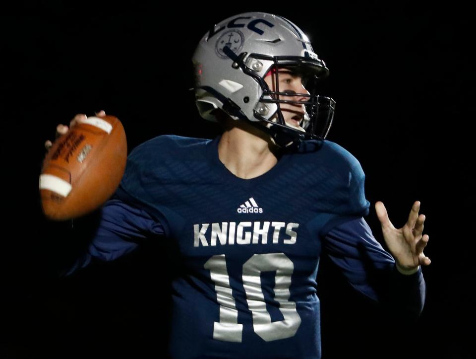 Central Catholic Knights Bobby Metzger (10) passes the ball during the IHSAA football regional championship game against the LaVille Lancers, Friday, Nov. 10, 2023, at Central Catholic High School in Lafayette, Ind. Central Catholic won 22-0.
