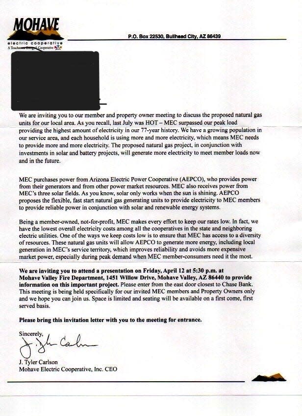 In a letter sent to residents of the Sunrise Hills neighborhood in Fort Mohave, the Mohave Electric Cooperative announces an invite-only meeting for property owners about the region's electricity needs, on April 12, 2024.