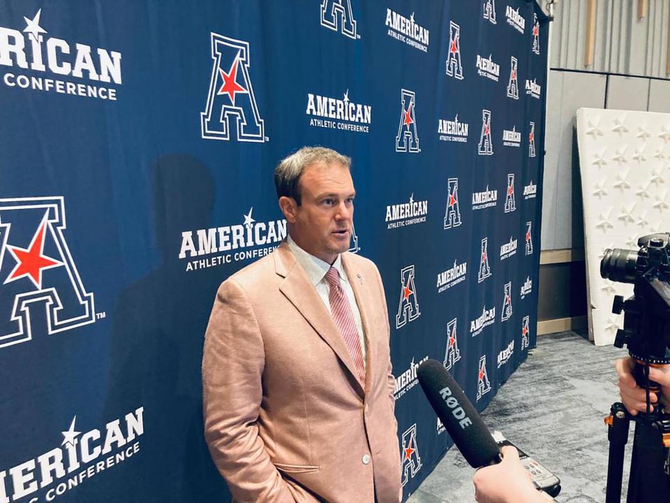 Former University of Texas football coach Tom Herman chatted with the media at American Athletic Conference media days on July 25, 2023, in Arlington, Texas. He is the new head coach at Florida Atlantic University. (Mac Engel/Fort Worth Star-Telegram/Tribune News Service via Getty Images)