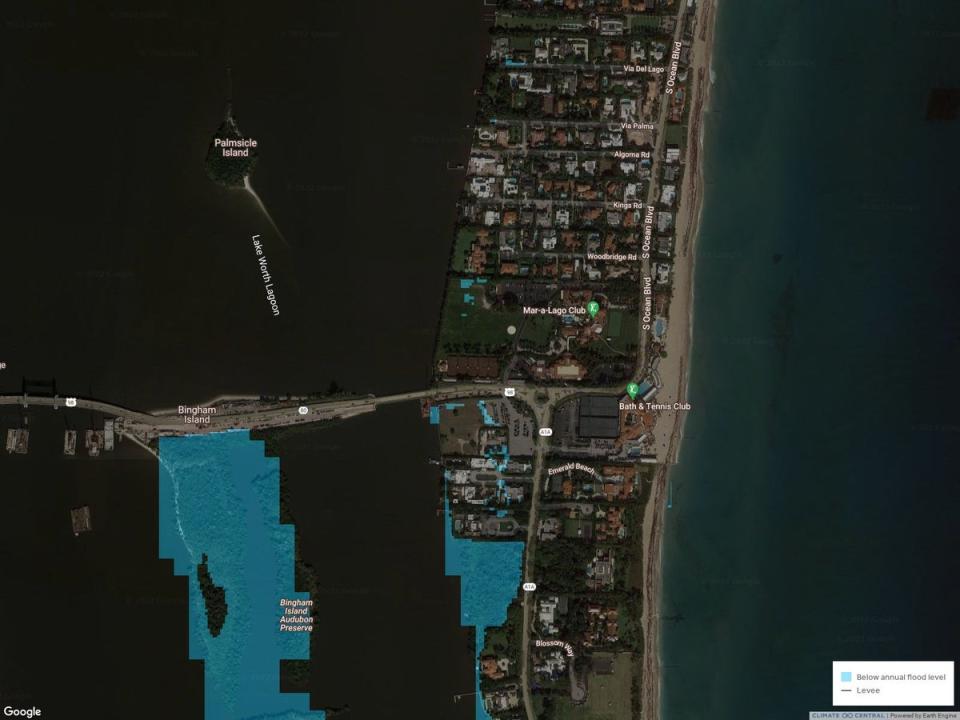 The land projected to be below annual flood level in 2050 at Mar-a-Lago and surrounding areas of Palm Beach, Florida based on conservative estimates of climate change (Climate Central)