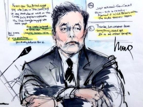 Courtroom sketch of Elon Musk during the trial (Mona Shafer Edwards/Reuters)