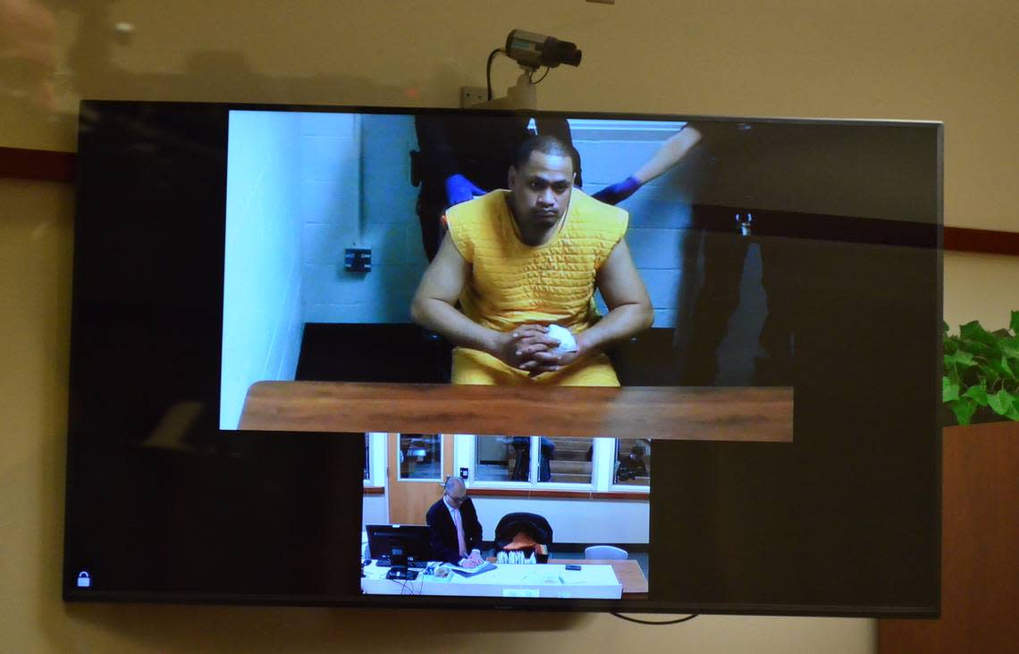 Muelu Salanoa Jr., 37, appears via video for arraignment Thursday, Jan. 26, 2022, in Pierce County Superior Court on attempted murder charges stemming from an hours-long standoff in Puyallup where the defendant is alleged to have shot two police officers.