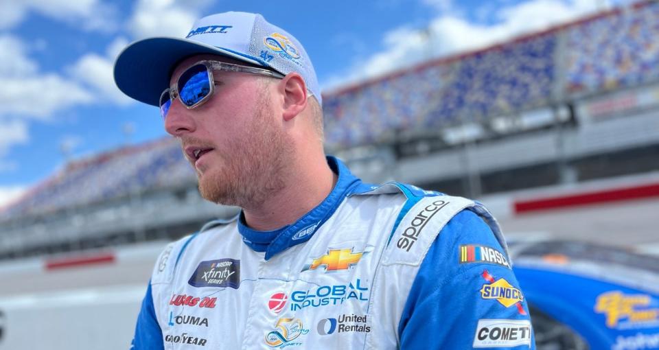 Austin Hill speaks with media after the NASCAR Xfinity Series race at Darlington.