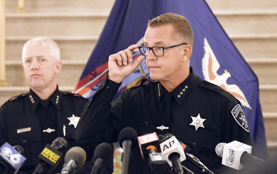 Albany County Sheriff Craig D. Apple speaks during a news conference concerning new complaint allegations against New York Gov. Andrew Cuomo Saturday, Aug. 7, 2021, in Albany, N.Y. Cuomo has faced renewed calls to step down after an independent investigation overseen by the state attorney general’s office concluded he sexually harassed 11 women and worked to retaliate against one of his accusers. (AP Photo/Hans Pennink)