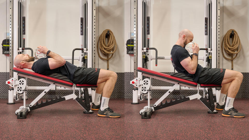 Ultimate Performance trainer demonstrates two positions of the weighted incline crunch