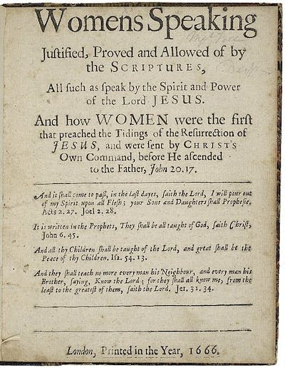 The title page for a 1666 edition of Margaret Fell’s ‘Womens Speaking Justified.’ <a href="https://commons.wikimedia.org/wiki/File:1666_Fell_Womens_Speaking_Justified.jpg" rel="nofollow noopener" target="_blank" data-ylk="slk:Folger Shakespeare Library/Wikimedia Commons;elm:context_link;itc:0;sec:content-canvas" class="link ">Folger Shakespeare Library/Wikimedia Commons</a>