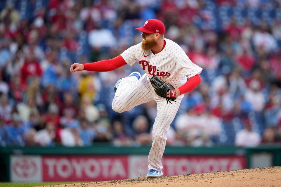 Philadelphia Phillies&#39; Dylan Covey pitches during the fourth inning of a baseball game against the Arizona Diamondbacks, Tuesday, May 23, 2023, in Philadelphia.