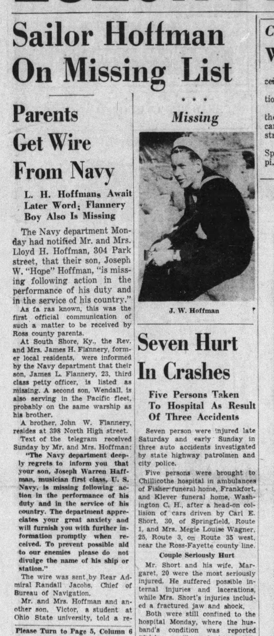 A clipping from the Dec. 22, 1941 paper that showed the parents of a local sailor were informed he was officially missing after the attack on Pearl Harbor.