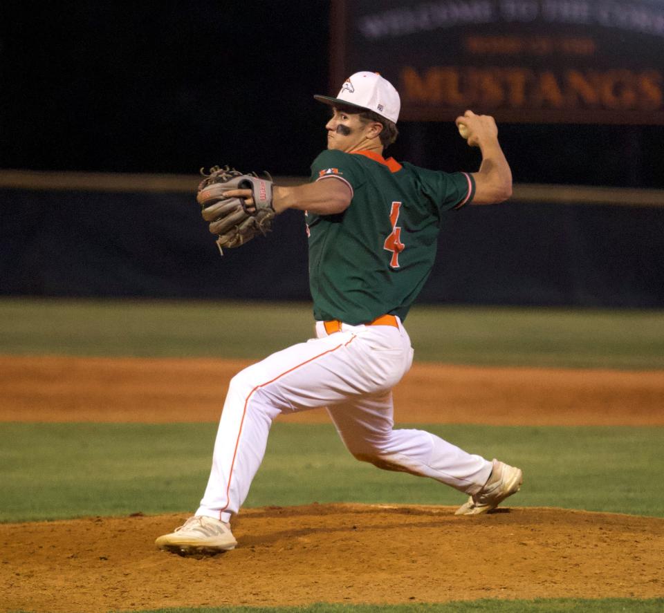 East Lincoln's Isaac Armstrong prepares to deliver toward home plate during his team's 3A first round playoff matchup against Forestview on Tuesday, May 10, 2022.