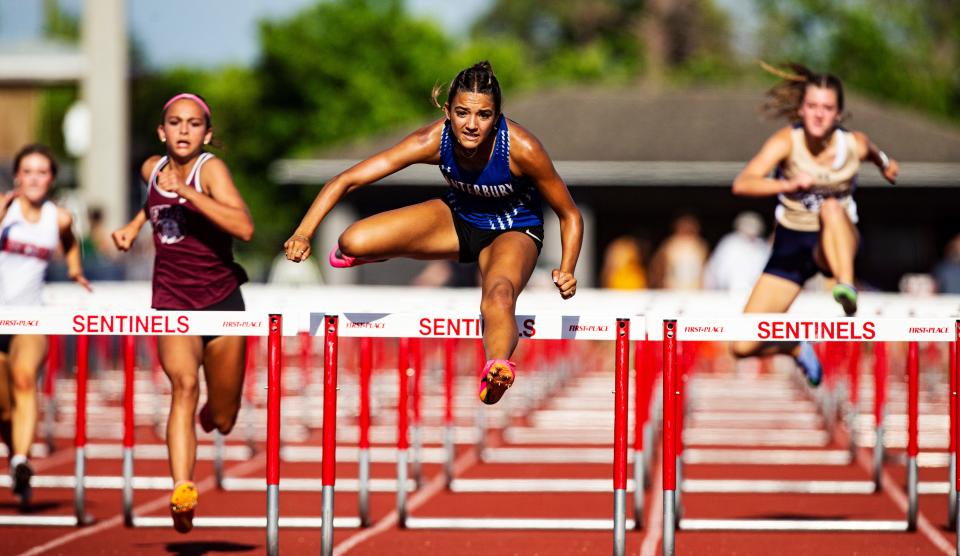 Joslyne De La Nuez from Canterbury with the 100 meter hurdles at the Class 1A-District 12 track meet at ECS.  