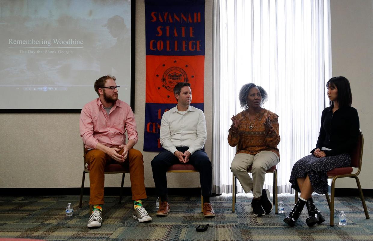 Savannah Morning News editor Zach Dennis, documentary filmmaker Patrick Longstreth, Jannie Everette, president and CEO of the Thiokol Memorial Project, and Savannah Morning News reporter Nancy Guan talk about the 1971 chemical explosion at the Thiokol Plant in Woodbine Georgia during a panel discussion on Wednesday March 29, 2023 at Savannah State University.