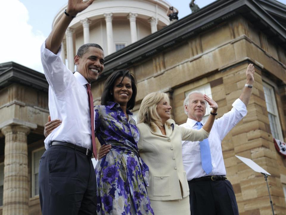 The Obamas and Bidens during a rally in Springfield, Illinois, in 2008.