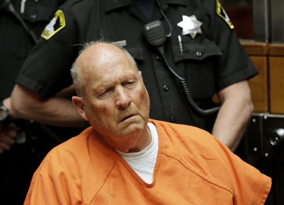 FILE - In this April 27, 2018 file photo Joseph James DeAngelo, is arraigned in Sacramento County Superior Court in Sacramento, Calif. The former police officer is tentatively set to plead guilty Monday, June 29, 2020, to being the elusive Golden State Killer. The hearing comes 40 years after a sadistic suburban rapist terrorized California in what investigators only later realized were a series of linked assaults and slayings. (AP Photo/Rich Pedroncelli, File)