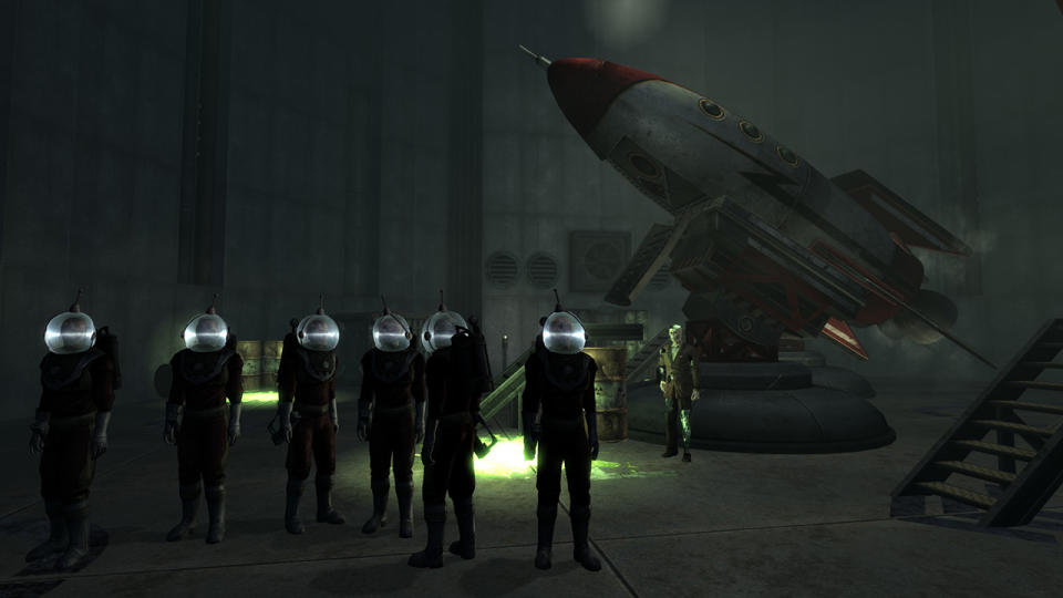 Several members of the Bright Brotherhood standing in front of a rocket in Fallout: New Vegas.