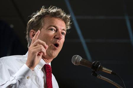Senator Rand Paul (R-KY) speaks during the inaugural Freedom Summit meeting for conservative speakers in Manchester, New Hampshire April 12, 2014. REUTERS/Lucas Jackson