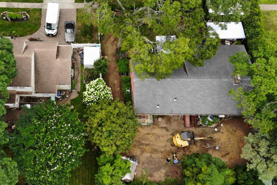 An overhead shot of the home of Rex Heuermann as it was searched by police in July following his arrest for the Gilgo Beach murders (Copyright 2023 The Associated Press. All rights reserved.)