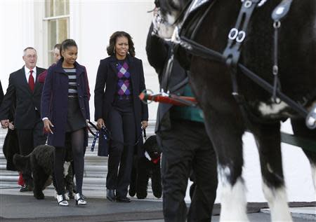 U.S. first lady Michelle Obama welcomes the official White House Christmas tree with her daughter Sasha at the North Portico of the White House in Washington, November 29, 2013. REUTERS/Jason Reed