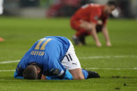 FILE - Italy's Domenico Berardi knees after missing a scoring chance during the World Cup qualifying play-off soccer match between Italy and North Macedonia, at Renzo Barbera stadium, in Palermo, Italy, Thursday, March 24, 2022. (AP Photo/Antonio Calanni, File)