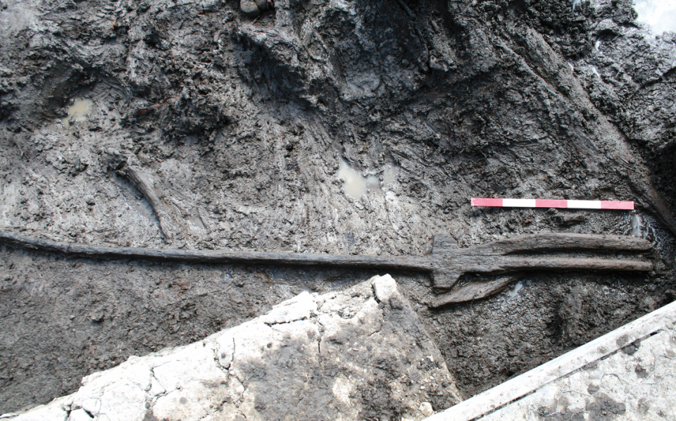 A wooden trident discovered at the site