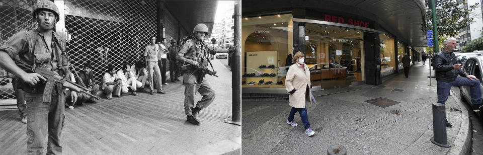 A combo picture shows at left, FILE - Israeli soldiers following a shooting incident in Hamra, a main shopping thoroughfare in West Beirut, on Sept. 24, 1982, when at least one Israeli soldier was badly injured, his colleagues commenced a round-up of suspects and made them sit on a sidewalk, until they were closely questioned and produced proper identification. They were all later released. At the right, a woman passes on the same corner at Hamra street, in Beirut, Lebanon, Friday, Jan. 14, 2022. Hamra Street once was home to the region's top movie theaters, shops selling international brands and cafes where intellectuals from around the Arab world gathered. (AP Photo/Bill Foley, Hussein Malla)