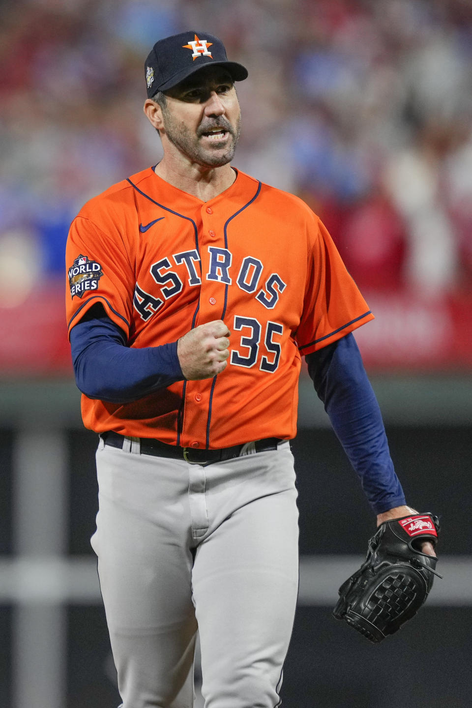 Houston Astros starting pitcher Justin Verlander celebrates the last out in the fifth inning in Game 5 of baseball's World Series between the Houston Astros and the Philadelphia Phillies on Thursday, Nov. 3, 2022, in Philadelphia. (AP Photo/Matt Slocum)