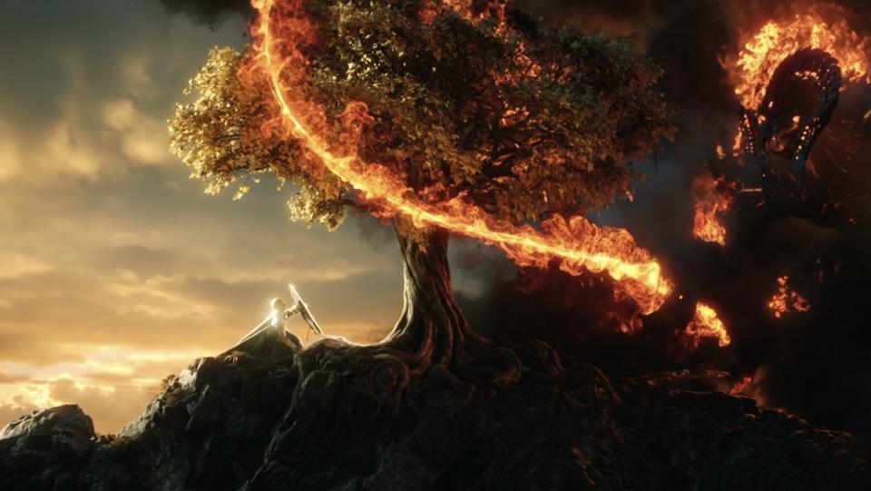 An elf and balrog fight over a tree on The Rings of Power