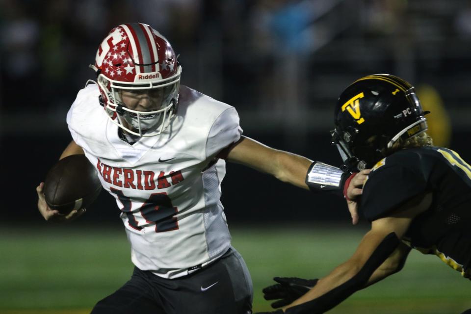 Sheridan's Reid Packer tries to brush off a Tri-Valley defender. Packer excelled on both sides of the field, but his contributions on defense led him to being named the Prime Time Defensive Player of the Year.