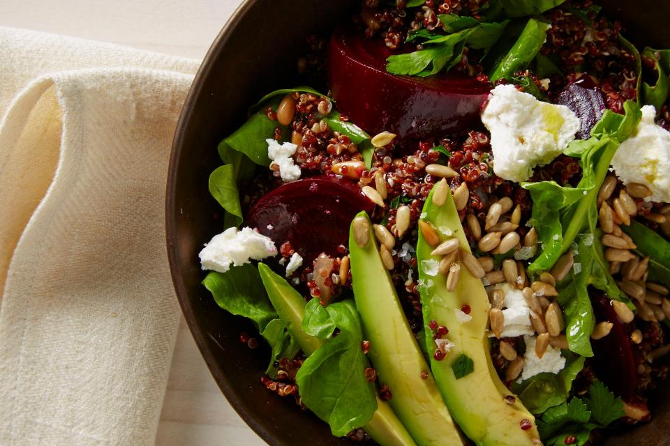 Beet and Arugula Salad with Quinoa, Avocado, and Sunflower Seeds