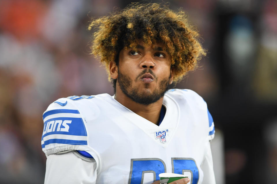 CLEVELAND, OH - AUGUST 29, 2019: Running back Ty Johnson #38 of the Detroit Lions watches the action from the sideline in the first quarter of a preseason game against the Cleveland Browns on August 29, 2019 at FirstEnergy Stadium in Cleveland, Ohio. Cleveland won 20-16. (Photo by: 2019 Nick Cammett/Diamond Images via Getty Images)