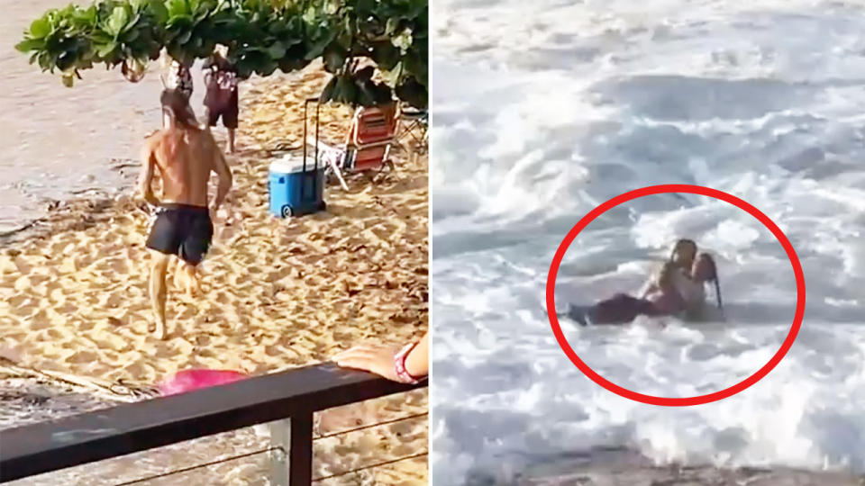 Mikey Wright (pictured left) running on the beach and (pictured right) helping save a woman at the beach.