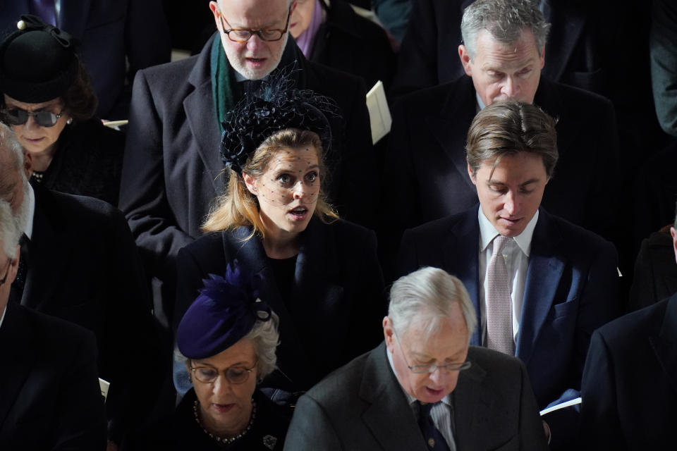 WINDSOR, ENGLAND - FEBRUARY 27: Princess Beatrice and Edoardo Mapelli Mozzi attend the Thanksgiving Service for King Constantine of the Hellenes at St George's Chapel on February 27, 2024 in Windsor, England. Constantine II, Head of the Royal House of Greece, reigned as the last King of the Hellenes from 6 March 1964 to 1 June 1973, and died in Athens at the age of 82. (Photo by Jonathan Brady - WPA Pool/Getty Images)