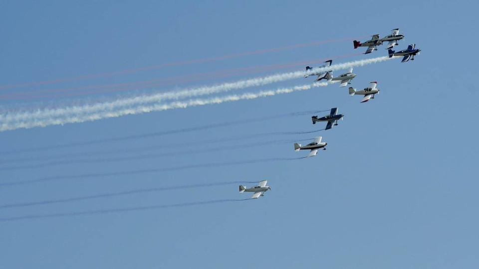 Members of KC Flight, a local group who makes their own planes, flew in formation on the second and final day of the 2021 Kansas City Airshow at the New Century AirCenter in New Century, Kansas, July 4, 2021.