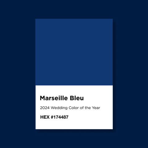 <p>Courtesy of Minted + BRIDES</p> Minted + BRIDES selected Marseille Bleu as the 2024 Wedding Color of The Year