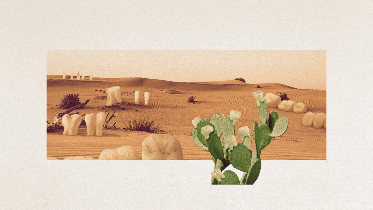  Photo collage of human teeth growing out from the sand on a desert. In front, there is a beavertail cactus with teeth growing out of it like blooms. 