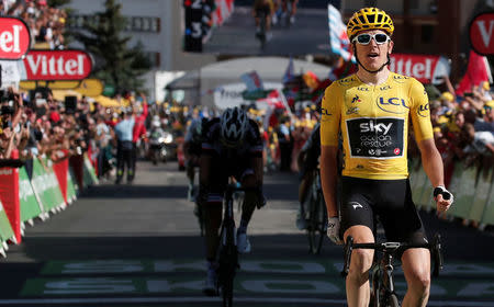 Cycling - Tour de France - The 175.5-km Stage 12 from Bourg-Saint-Maurice Les Arcs to Alpe d’Huez - July 19, 2018 - Team Sky rider Geraint Thomas of Britain wins the stage. REUTERS/Benoit Tessier