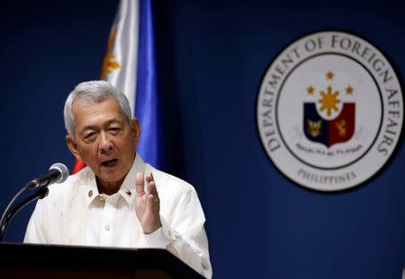 Philippines Foreign Affairs Secretary Perfecto Yasay speaks during a news conference at the Department of Foreign Affairs in Pasay city Metro Manila, Philippines July 27, 2016. REUTERS/Erik De Castro