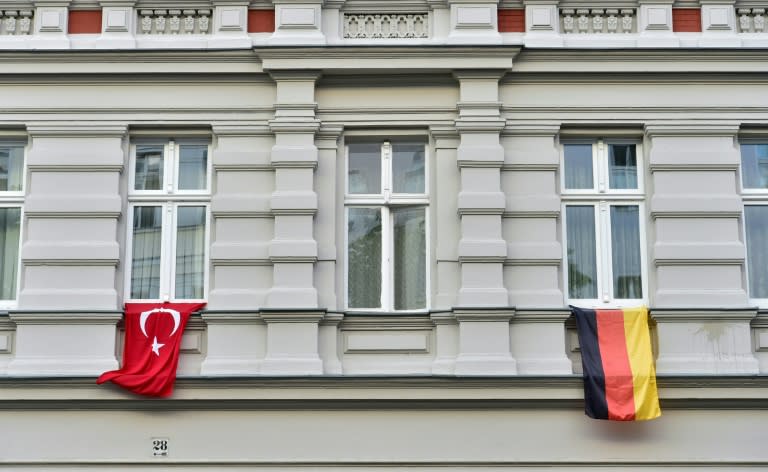 A Turkish and German flag hang from a building in Berlin's Kreuzberg district