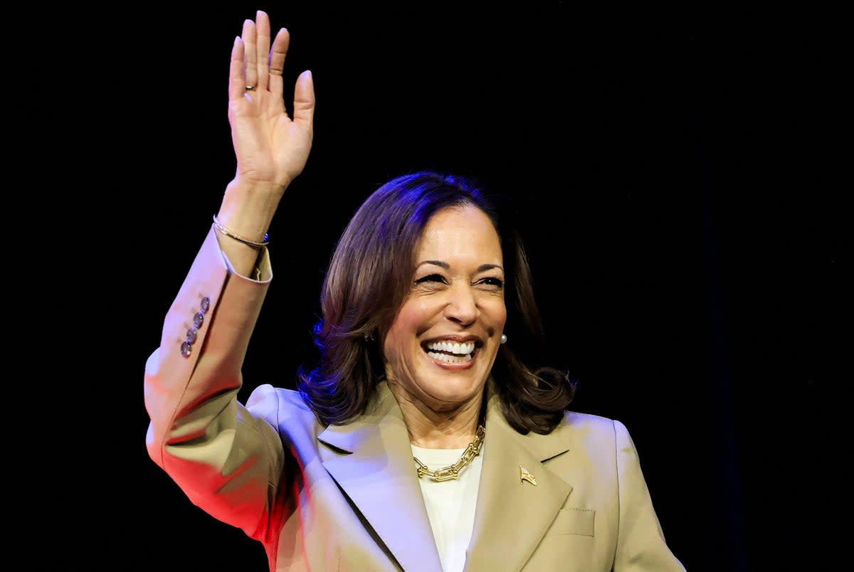 Vice President Kamala Harris waves as she attends an Asian and Pacific Islander American Vote presidential town hall in Philadelphia on July 13 (REUTERS)