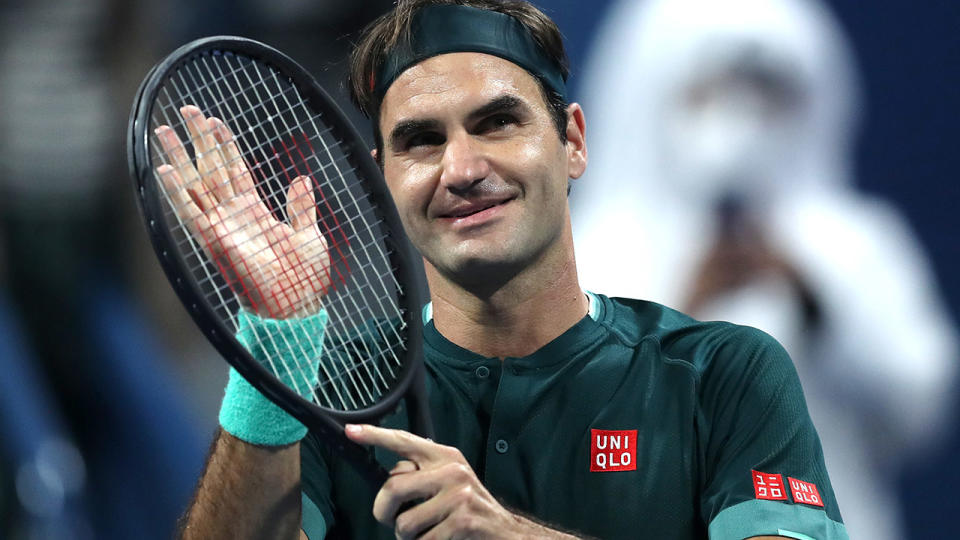 Roger Federer, pictured here celebrating his win after 405 days away from the ATP Tour.