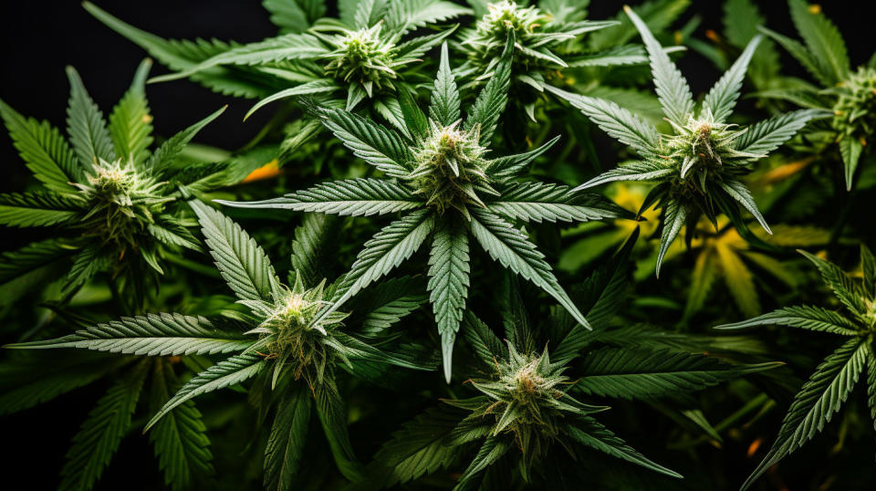 A close-up shot of a cannabis plant, showing its intricate details.