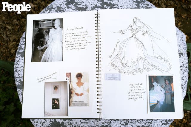 <p>Lauren Fleishman</p> Elizabeth Emanuel's scrapbook of sketches and images of the making of Princess Diana's dress in London on March 7, 2024