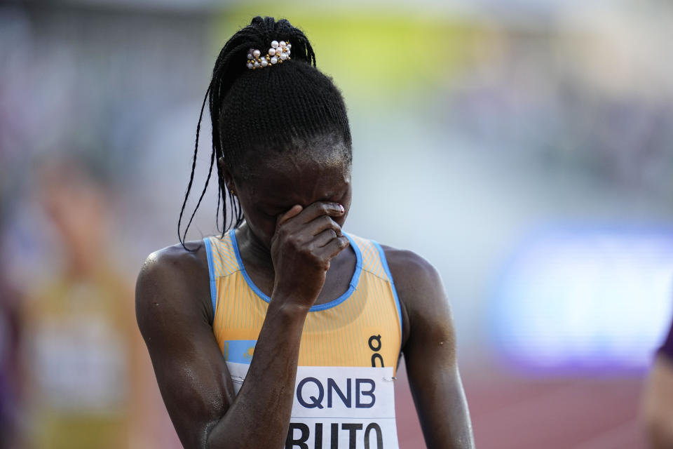 Norah Jeruto, of Kazakhstan, reacts after her win the women's 3000-meter steeplechase final at the World Athletics Championships on Wednesday, July 20, 2022, in Eugene, Ore. (AP Photo/Ashley Landis)