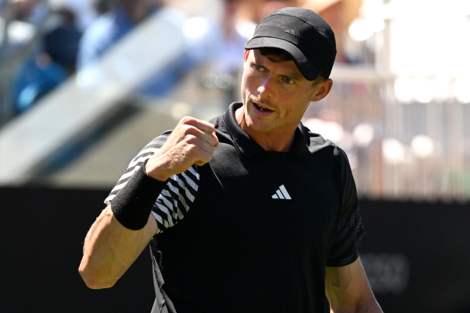 Billy Harris celebrates at the LTA's Rothesay International Eastbourne (Kate Green/Getty Images for LTA)