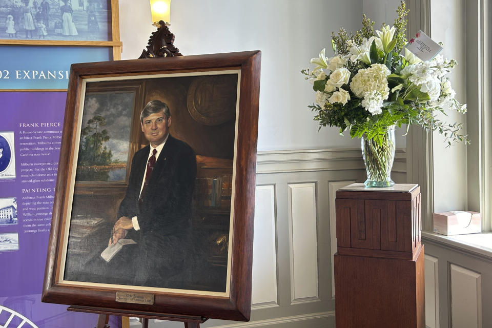 A portrait of former U.S. Sen. Bob Graham is displayed inside the old Capitol building, in Tallahassee, Fla., Friday, April 26, 2024, where Graham is lying in state. Graham died April 16. (AP Photo/Brendan Farrington)