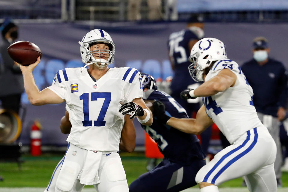 NASHVILLE, TENNESSEE - NOVEMBER 12: Philip Rivers #17 of the Indianapolis Colts throws a pass during the first half against the Tennessee Titans at Nissan Stadium on November 12, 2020 in Nashville, Tennessee. (Photo by Frederick Breedon/Getty Images)