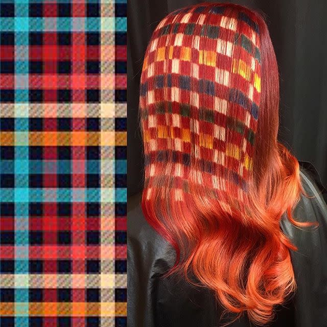 Hair colorist Ursula Goff created a nearly spot on rendition of plaid fabric on one of her clients' hair. (Photo: Instagram/Ursula Goff)